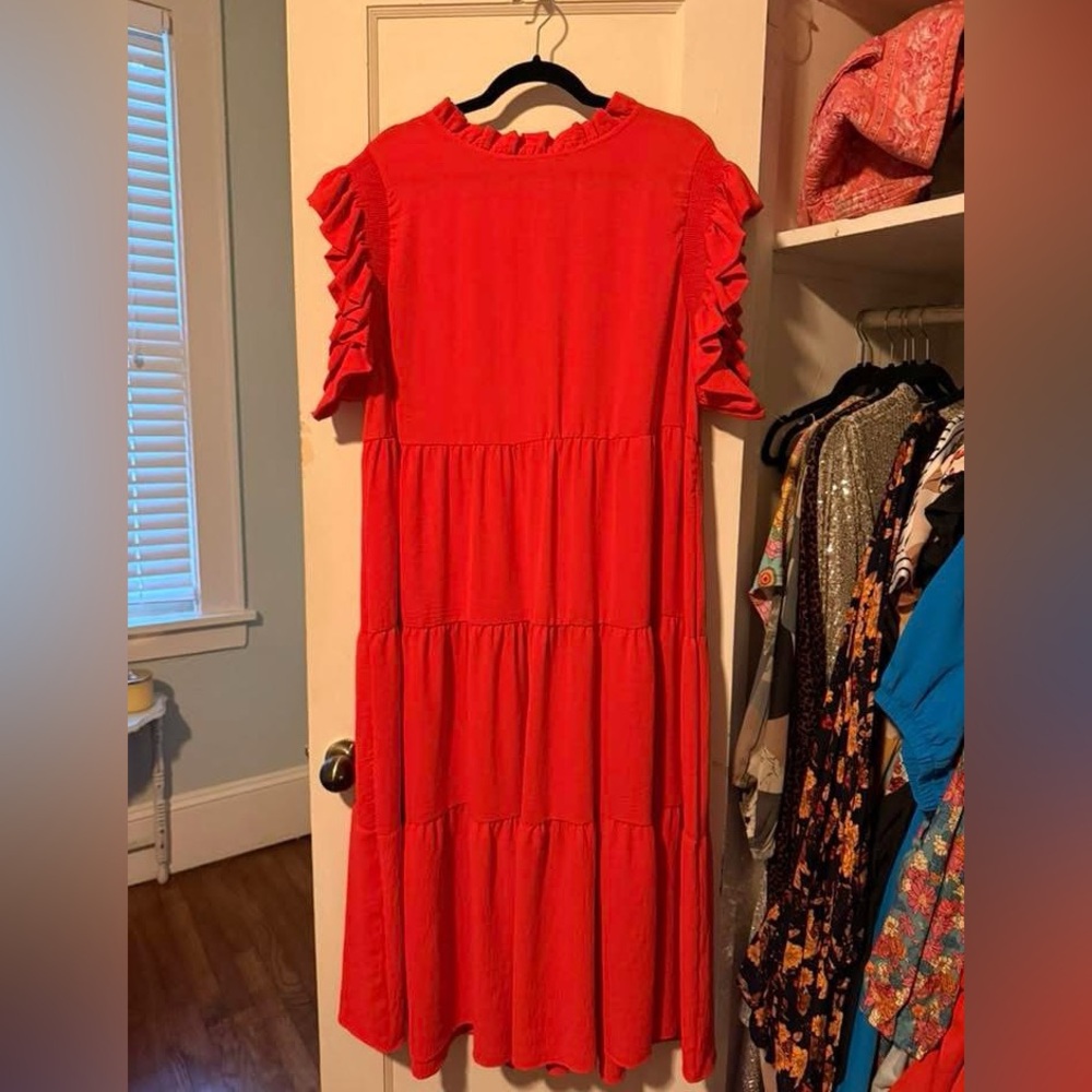Red Ruffle Sleeve Tiered Maxi Dress